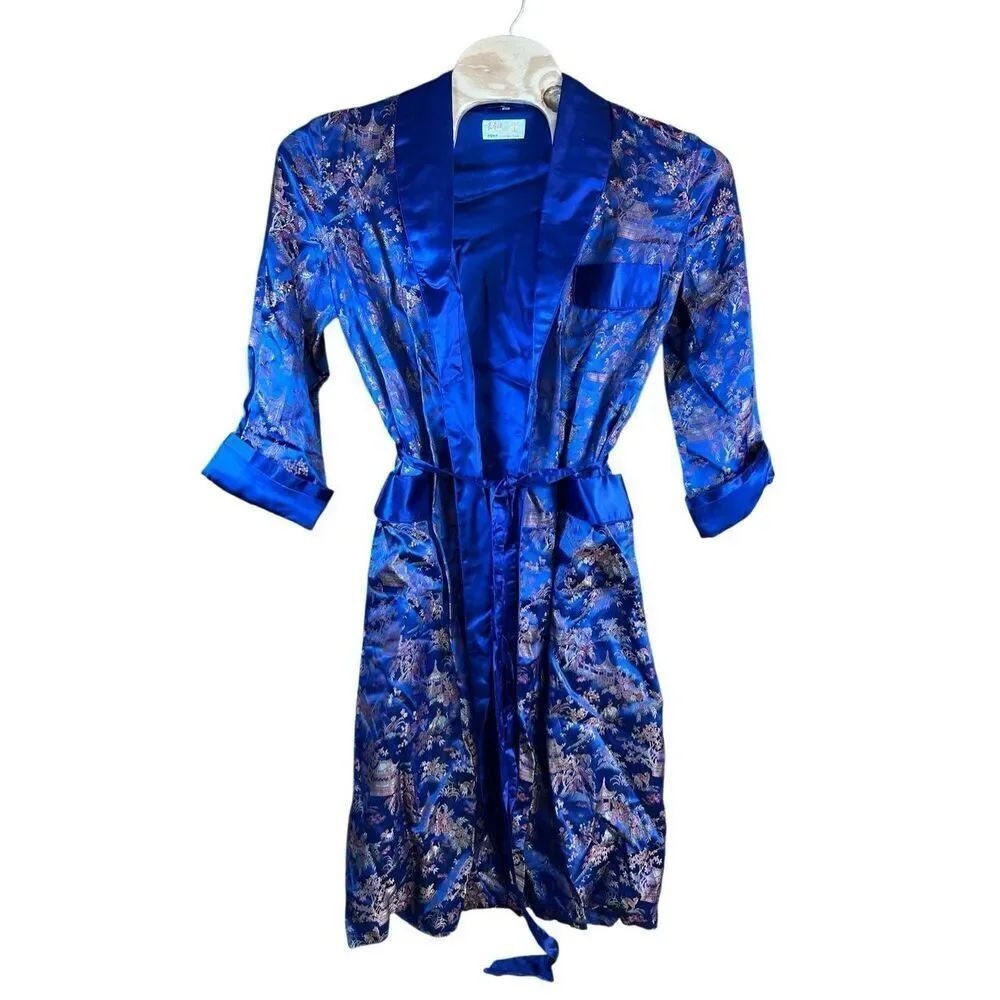 Longevity Hangzhou China Blue Belted Kimono Robe,Vintage Satin Jacquard Robe Siz